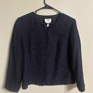 Talbots Black 100% Silk Shell Floral Embossed Button Front Blazer Size 14P